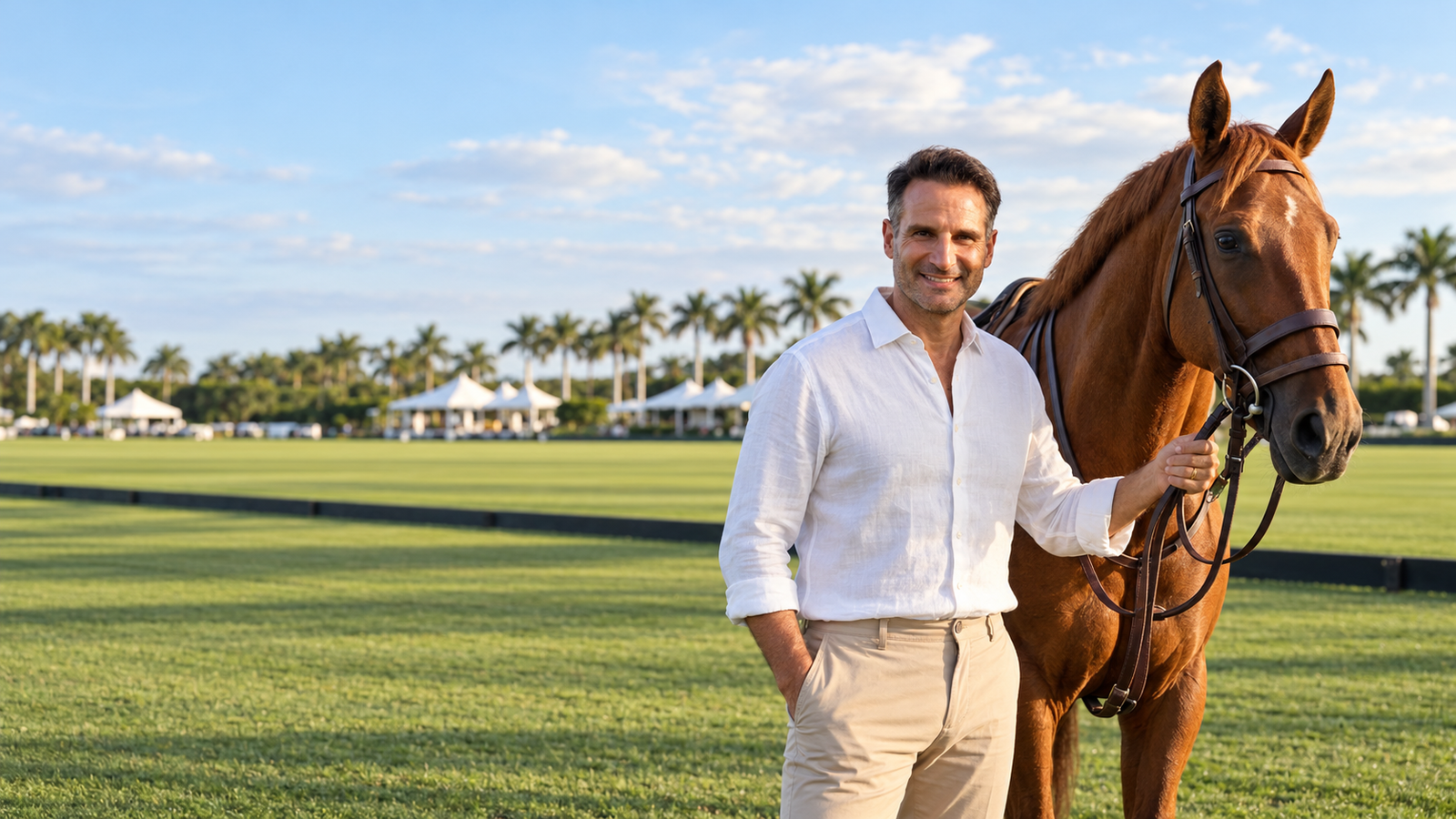 Marc Kantor standing with a horse on a Wellington equestrian field